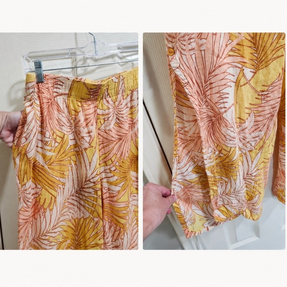 Tahari Linen Blend Tropical Palm Print 2 Piece Set Crop Top Wide Leg Pants L - Picture 6 of 8